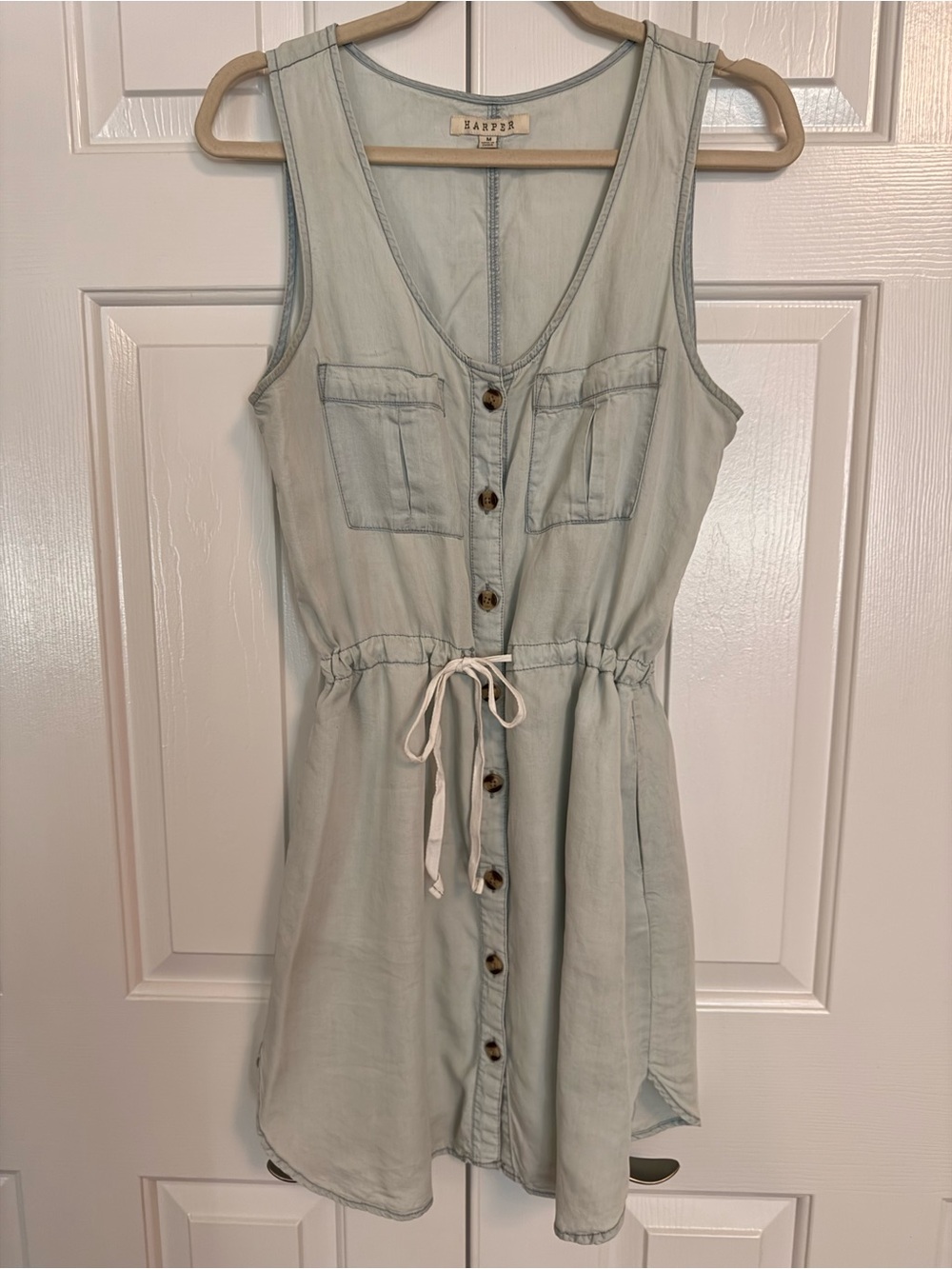 Harper Light Blue Button-Front Drawstring Mini Dress